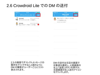 2.6 Crowdroid Lite での DM の送付
2.3 の画面でダイレクトメッセージの
箇所をクリックすると上図のように
DM の履歴がユーザーごとにリスト
表示されます。
DM の送付は左記の画面で
対象者を選択し、上図画面の
右上「返信」ボタンを押すか、
左図画面の右上送付アイコン
をクリックします。
 