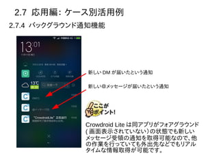 2.7 応用編： ケース別活用例
2.7.4 バックグラウンド通知機能
新しい DM が届いたという通知
新しい＠メッセージが届いたという通知
Crowdroid Lite は同アプリがフォアグラウンド
( 画面表示されていない）の状態でも新しい
メッセージ受領の通知を取得可能なので、他
の作業を行っていても外出先などでもリアル
タイムな情報取得が可能です。
 