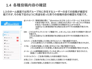 1.4 各種投稿内容の確認
1.3 のホーム画面では同グループ内に存在するユーザーの全ての投稿が確認可
能ですが、その他下記のように用途を絞った形での投稿内容の確認も可能です。
@ メッセージ： 情報投稿の際に “ @xxxx(xxx は CFB 上のニックネーム )” を本文の中
　　　　　　で指定可能ですが、 @xxxx と指定された同ユーザーはこちらで同指定
　　　　　　がある ( ＝自分宛て ) の投稿のみを確認することができます。
　　　　　　 左図のように新規投稿がある場合は赤文字でその投稿数が表示され
　　　　　　 ます。
DM ： こちらはダイレクトメッセージ機能です。 1 対 1 もしくは 1 対多での情報やり取りが
　　 可能です。
　　　こちらも左図のように新規投稿がある場合は赤文字でその投稿数が表示され
　　　ます。
コメント： ご自身が投稿した文章に対するコメント一覧を確認できます。
　　　 こちらも新規コメントを受領した場合は赤文字でその投稿数が表示されます。
イイね： ご自身が投稿した文章に対するイイね一覧が確認できます。
　　　 こちらも新規コメントを受領した場合は赤文字でその投稿数が表示されます。
メール： メール連携機能を設定していれば、新しいメールの取得数が 表示されたり、
　　　 新着メール数が表示されたりします。
マイタイムライン ： ご自身が投稿した内容を確認できます。
お気に入り： ご自身がお気に入りに指定した投稿リストを確認できます。
ごみ箱： ご自身が削除した投稿のリストが確認できます。
 