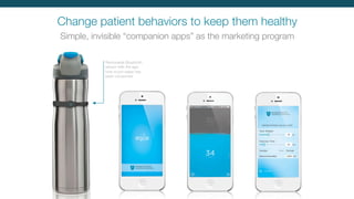 Removable Bluetooth
sensor tells the app
how much water has
been consumed
Change patient behaviors to keep them healthy
Simple, invisible “companion apps” as the marketing program
 