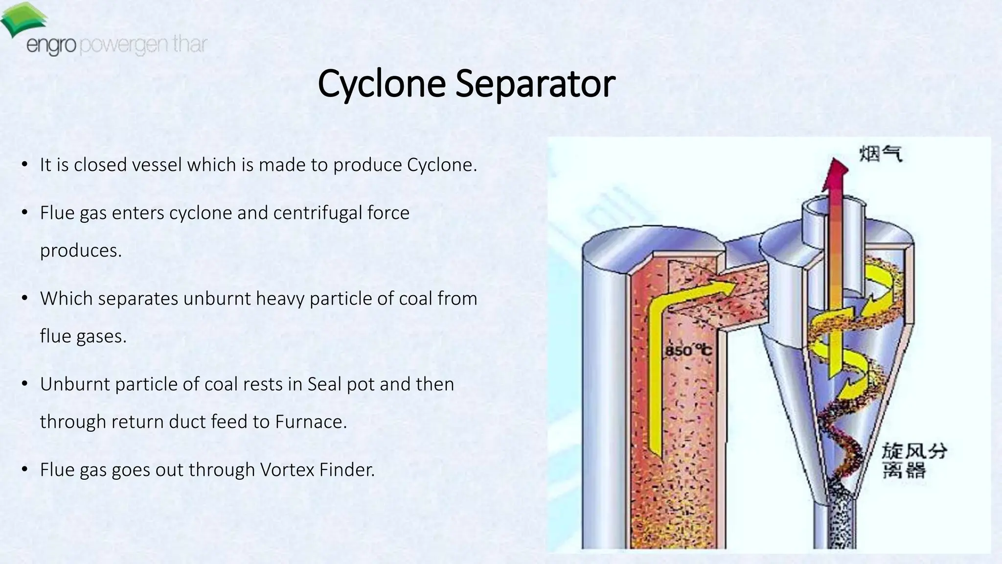 Cyclone Separator
• It is closed vessel which is made to produce Cyclone.
• Flue gas enters cyclone and centrifugal force
produces.
• Which separates unburnt heavy particle of coal from
flue gases.
• Unburnt particle of coal rests in Seal pot and then
through return duct feed to Furnace.
• Flue gas goes out through Vortex Finder.
 