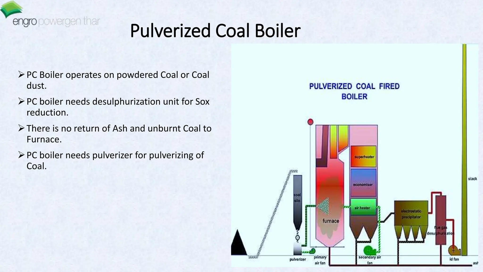 Pulverized Coal Boiler
PC Boiler operates on powdered Coal or Coal
dust.
PC boiler needs desulphurization unit for Sox
reduction.
There is no return of Ash and unburnt Coal to
Furnace.
PC boiler needs pulverizer for pulverizing of
Coal.
 