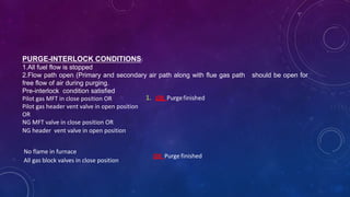 PURGE-INTERLOCK CONDITIONS:
1.All fuel flow is stopped
2.Flow path open (Primary and secondary air path along with flue gas path should be open for
free flow of air during purging.
Pre-interlock condition satisfied
Pilot gas MFT in close position OR
Pilot gas header vent valve in open position
OR
NG MFT valve in close position OR
NG header vent valve in open position
No flame in furnace
All gas block valves in close position
OR Purge finished
 