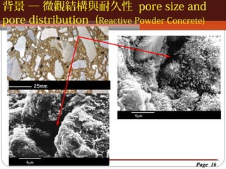 背景 ─ 微觀結構與耐久性 pore size and
按一下以編輯母片標題樣
按一下以編輯母片標題樣式
pore distribution (Reactive Powder Concrete)

25mm

4µm

Capillary pores in the
cement matrix

4µm

Page 16

 