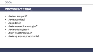 • Jaki cel kampanii?
• Jakie podmioty?
• Jakie dane?
• Jakie warunki transakcyjne?
• Jaki model wybrać?
• Z kim współpracować?
• Jakie są szanse powodzenia?
CROWDINVESTING
 