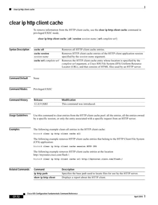 clear ip http client cache
CF-72
Cisco IOS Configuration Fundamentals Command Reference
April 2010
clear ip http client cache
To remove information from the HTTP client cache, use the clear ip http client cache command in
privileged EXEC mode.
clear ip http client cache {all | session session-name | url complete-url}
Syntax Description
Command Default None
Command Modes Privileged EXEC
Command History
Usage Guidelines Use this command to clear entries from the HTTP client cache pool: all the entries, all the entries owned
by a specific session, or only the entry associated with a specific request from an HTTP server.
Examples The following example clears all entries in the HTTP client cache:
Router# clear ip http client cache all
The following example removes HTTP client cache entries that belong to the HTTP Client File System
(CFS) application:
Router# clear ip http client cache session HTTP CFS
The following example removes HTTP client cache entries at the location
http://myrouter.cisco.com/flash:/:
Router# clear ip http client cache url http://myrouter.cisco.com/flash:/
Related Commands
cache all Removes all HTTP client cache entries.
cache session
session-name
Removes HTTP client cache entries of the HTTP client application session
specified by the session-name argument.
cache url complete-url Removes the HTTP client cache entry whose location is specified by the
complete-url argument, a Cisco IOS File System (IFS) Uniform Resource
Locator (URL), and that consists of HTML files used by an HTTP server.
Release Modification
12.2(31)SB2 This command was introduced.
Command Description
ip http path Specifies the base path used to locate files for use by the HTTP server.
show ip http client Displays a report about the HTTP client.
 