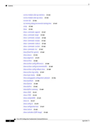 Contents
xii
Cisco IOS Configuration Fundamentals Command Reference
April 2010
service-module wlan-ap statistics CF-544
service-module wlan-ap status CF-545
session slot CF-546
set memory debug incremental starting-time CF-547
setup CF-548
show CF-555
show <command> append CF-557
show <command> begin CF-558
show <command> exclude CF-560
show <command> include CF-562
show <command> redirect CF-564
show <command> section CF-565
show <command> tee CF-567
show (Flash file system) CF-569
show aliases CF-578
show alignment CF-579
show archive CF-582
show archive config differences CF-584
show archive config incremental-diffs CF-587
show archive config rollback timer CF-589
show archive log config CF-591
show async bootp CF-595
show autoupgrade configuration unknown CF-596
show bootflash: CF-598
show bootvar CF-600
show buffers CF-603
show buffers summary CF-609
show c2600 CF-611
show c7200 CF-614
show catalyst6000 CF-615
show cls CF-617
show config id CF-619
show configuration lock CF-621
show context CF-625
show controllers (GRP image) CF-628
 