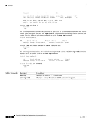 clear tcp
CF-82
Cisco IOS Configuration Fundamentals Command Reference
April 2010
PmtuAger 0 0 0x0
iss: 4151109680 snduna: 4151109752 sndnxt: 4151109752 sndwnd: 24576
irs: 1249472001 rcvnxt: 1249472032 rcvwnd: 4258 delrcvwnd: 30
SRTT: 710 ms, RTTO: 4442 ms, RTV: 1511 ms, KRTT: 0 ms
minRTT: 0 ms, maxRTT: 300 ms, ACK hold: 300 ms
Router# clear tcp line 2
[confirm]
[OK]
The following example clears a TCP connection by specifying its local router host name and port and its
remote router host name and port. The show tcp brief command displays the local (Local Address) and
remote (Foreign Address) host names and ports to use in the clear tcp command.
Router# show tcp brief
TCB Local Address Foreign Address (state)
60A34E9C router1.cisco.com.23 router20.cisco.1055 ESTAB
Router# clear tcp local router1 23 remote router20 1055
[confirm]
[OK]
The following example clears a TCP connection using its TCB address. The show tcp brief command
displays the TCB address to use in the clear tcp command.
Router# show tcp brief
TCB Local Address Foreign Address (state)
60B75E48 router1.cisco.com.23 router20.cisco.1054 ESTAB
Router# clear tcp tcb 60B75E48
[confirm]
[OK]
Related Commands Command Description
show tcp Displays the status of TCP connections.
show tcp brief Displays a concise description of TCP connection endpoints.
 