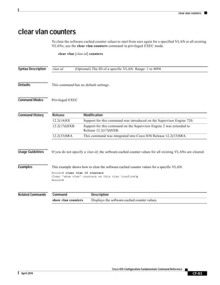 clear vlan counters
CF-83
Cisco IOS Configuration Fundamentals Command Reference
April 2010
clear vlan counters
To clear the software-cached counter values to start from zero again for a specified VLAN or all existing
VLANs, use the clear vlan counters command in privileged EXEC mode.
clear vlan [vlan-id] counters
Syntax Description
Defaults This command has no default settings.
Command Modes Privileged EXEC
Command History
Usage Guidelines If you do not specify a vlan-id; the software-cached counter values for all existing VLANs are cleared.
Examples This example shows how to clear the software-cached counter values for a specific VLAN:
Router# clear vlan 10 counters
Clear "show vlan" counters on this vlan [confirm]y
Router#
Related Commands
vlan-id (Optional) The ID of a specific VLAN. Range: 1 to 4094.
Release Modification
12.2(14)SX Support for this command was introduced on the Supervisor Engine 720.
12.2(17d)SXB Support for this command on the Supervisor Engine 2 was extended to
Release 12.2(17d)SXB.
12.2(33)SRA This command was integrated into Cisco IOS Release 12.2(33)SRA.
Command Description
show vlan counters Displays the software-cached counter values.
 