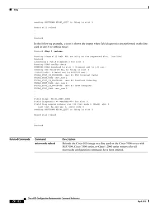 diag
CF-152
Cisco IOS Configuration Fundamentals Command Reference
April 2010
sending SHUTDOWN FDIAG_QUIT to fdiag in slot 3
Board will reload
.
.
.
Router#
In the following example, a user is shown the output when field diagnostics are performed on the line
card in slot 3 in verbose mode:
Router# diag 3 verbose
Running Diags will halt ALL activity on the requested slot. [confirm]
Router#
Launching a Field Diagnostic for slot 3
Running DIAG config check
RUNNING DIAG download to slot 3 (timeout set to 400 sec.)
sending cmd FDIAG-DO ALL to fdiag in slot 3
(total/indiv. timeout set to 600/220 sec.)
FDIAG_STAT_IN_PROGRESS: test #1 R5K Internal Cache
FDIAG_STAT_PASS test_num 1
FDIAG_STAT_IN_PROGRESS: test #2 Sunblock Ordering
FDIAG_STAT_PASS test_num 2
FDIAG_STAT_IN_PROGRESS: test #3 Dram Datapins
FDIAG_STAT_PASS test_num 3
.
.
.
Field Diags: FDIAG_STAT_DONE
Field Diagnostic ****PASSED**** for slot 3
Field Diag eeprom values: run 159 fial mode 0 (PASS) slot 3
last test failed was 0, error code 0
sending SHUTDOWN FDIAG_QUIT to fdiag in slot 3
Board will reload
.
.
.
Router#
Related Commands Command Description
microcode reload Reloads the Cisco IOS image on a line card on the Cisco 7000 series with
RSP7000, Cisco 7500 series, or Cisco 12000 series routers after all
microcode configuration commands have been entered.
 