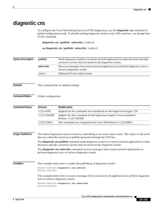 diagnostic cns
CF-155
Cisco IOS Configuration Fundamentals Command Reference
April 2010
diagnostic cns
To configure the Cisco Networking Services (CNS) diagnostics, use the diagnostic cns command in
global configuration mode. To disable sending diagnostic results to the CNS event bus., use the no form
of this command.
diagnostic cns {publish | subscribe} [subject]
no diagnostic cns {publish | subscribe} [subject]
Syntax Description
Defaults This command has no default settings.
Command Modes Global configuration
Command History
Usage Guidelines The online diagnostics receive events by subscribing to an event subject name. The subject is the event
that you subscribe (receive) or publish (generate) through the CNS bus.
The diagnostic cns publish command sends diagnostic results to a remote network application to make
decisions and take corrective actions that are based on the diagnostic results.
The diagnostic cns subscribe command receives messages from remote network applications to
perform diagnostic tests or retrieve diagnostic results.
Examples This example shows how to enable the publishing of diagnostic results:
Router(config)# diagnostic cns publish
Router(config)#
This example shows how to receive messages from remote network applications to perform diagnostic
tests or retrieve diagnostic results:
Router(config)# diagnostic cns subscribe
Router(config)#
publish Sends diagnostic results to a remote network application to make decisions and take
corrective actions that are based on the diagnostic results.
subscribe Receives messages from remote network applications to perform diagnostic tests or
retrieve diagnostic results.
subject (Optional) Event subject name.
Release Modification
12.2(14)SX Support for this command was introduced on the Supervisor Engine 720.
12.2(17d)SXB Support for this command on the Supervisor Engine 2 was extended to
Release 12.2(17d)SXB.
12.2(33)SRA. This command was integrated into Cisco IOS Release 12.2(33)SRA.
 