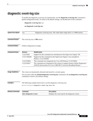 diagnostic event-log size
CF-157
Cisco IOS Configuration Fundamentals Command Reference
April 2010
diagnostic event-log size
To modify the diagnostic event log size dynamically, use the diagnostic event-log size command in
global configuration mode. To return to the default settings, use the no form of this command.
diagnostic event-log size size
no diagnostic event-log size
Syntax Description
Command Default The event log size is 500 entries.
Command Modes Global configuration (config)
Command History
Usage Guidelines The events are dynamically allocated and stored in a circular queue.
You can enter either the default diagnostic event-log size command or the no diagnostic event-log size
command to return to the default settings.
Examples The following example shows how to set the diagnostic event-log size:
Router(config)# diagnostic event-log size 600
Related Commands
size Diagnostic event-log sizes. The valid values range from 1 to 10000 entries.
Release Modification
12.2(14)SX Support for this command was introduced on the Supervisor Engine 720.
12.2(17d)SXB Support for this command on the Supervisor Engine 2 was extended to
Release 12.2(17d)SXB.
12.2(33)SRA. This command was integrated into Cisco IOS Release 12.2(33)SRA.
12.2(33)SCC The command was integrated in this release to support Generic Online Diagnostics
(GOLD) functionality for Cisco UBR10012 Universal Broadband Router.
Command Description
show diagnostic events Displays the event log for the diagnostic events.
 