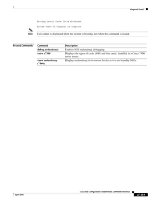 diagnostic level
CF-159
Cisco IOS Configuration Fundamentals Command Reference
April 2010
Testing Level3 Cache (1024 KB)Passed
System Power On Diagnostics Complete
Note This output is displayed when the system is booting, not when the command is issued.
Related Commands Command Description
debug redundancy Enables NSE redundancy debugging.
show c7300 Displays the types of cards (NSE and line cards) installed in a Cisco 7300
series router.
show redundancy
(7300)
Displays redundancy information for the active and standby NSEs.
 