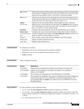 diagnostic monitor
CF-161
Cisco IOS Configuration Fundamentals Command Reference
April 2010
Command Default The defaults are as follows:
• Depending on the test run, monitoring may be enabled or disabled.
• Depending on the test run, the default monitoring interval varies.
• syslog is enabled.
Command Modes Global configuration (config)
Command History
Usage Guidelines Use these guidelines when scheduling testing:
• test-id—Enter the show diagnostic content command to display the test ID list.
• test-id-range—Enter the show diagnostic content command to display the test ID list. Enter the
range as integers separated by a comma and a hyphen (for example, 1,3-6 specifies test IDs 1, 3, 4,
5, and 6).
• hh—Enter the hours from 1 to 24.
bay slot/bay Indicates the card slot and bay number where the diagnostic test is run periodically
and monitored. The bay keyword is used to refer a SPA on the router. The valid
range for the slot number is from 1 to 8 and 0 to 3 for the bay number.
slot slot-no Indicates the slot number of the full-height line card where the diagnostic test is
run periodically and monitored. The slot keyword is used to refer a full-height line
card on the router. The valid range for the slot is from 1 to 8.
subslot
slot/sub-slot
Indicates the slot and subslot number of half-height line card on which the
diagnostic test is run periodically and monitored. The subslot keyword is used to
refer a half-height line card on the router. The valid range for the slot number is
from 1 to 8 and 0 to 1 for the subslot number.
threshold Configures the failure threshold value for the specified bay, slot, or subslot.
failure count
no-of-allowed-fail
ures
Configures the count for maximum failures allowed after which the failed test
results are displayed in the output of the show diagnostic results command. The
range for number of allowed failures is 0 to 99.
hh:mm:ss Hours, minutes, and seconds interval configured to run the test again.
milliseconds Number of milliseconds between tests.
no-of -days Number of days between tests.
Release Modification
12.2(14)SX Support for this command was introduced on the Supervisor Engine 720.
12.2(17d)SXB Support for this command on the Supervisor Engine 2 was extended to
Release 12.2(17d)SXB.
12.2(33)SRA This command was integrated into Cisco IOS Release 12.2(33)SRA.
12.2(33)SCC The command was integrated in this release to support Generic Online Diagnostics
(GOLD) functionality for Cisco UBR10012 Universal Broadband Router. The
keywords bay, slot, and subslot were added for the Cisco UBR10012 Universal
Broadband Router.
 
