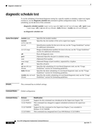 diagnostic schedule test
CF-166
Cisco IOS Configuration Fundamentals Command Reference
April 2010
diagnostic schedule test
To set the scheduling of test-based diagnostic testing for a specific module or schedule a supervisor engine
switchover, use the diagnostic schedule test command in global configuration mode. To remove the
scheduling, use the no form of this command.
diagnostic schedule module {num | active-sup-slot} test {test-id | test-id-range | all} [port {num
| num-range | all}] {on mm dd yyyy hh:mm | daily hh:mm} | weekly day-of-week hh:mm}
no diagnostic schedule test
Syntax Description
Defaults This command has no default settings.
Command Modes Global configuration
Command History
module num Specifies the module number.
module
active-sup-slot
Specifies the slot number of the active supervisor engine.
test-id Identification number for the test to be run; see the “Usage Guidelines” section
for additional information.
test-id-range Range of identification numbers for tests to be run; see the “Usage Guidelines”
section for additional information.
all Runs all diagnostic tests.
port (Optional) Specifies the port to schedule testing.
num (Optional) Port number.
num-range (Optional) Range of port numbers, separated by a hyphen.
all Specifies all ports.
on mm dd yyyy
hh:mm
Specifies the scheduling of a test-based diagnostic task; see the “Usage
Guidelines” section for formatting guidelines.
daily hh:mm Specifies the daily scheduling of a test-based diagnostic task; see the “Usage
Guidelines” section for formatting guidelines.
weekly day-of-week
hh:mm
Specifies the weekly scheduling of a test-based diagnostic task; see the “Usage
Guidelines” section for formatting guidelines.
Release Modification
12.2(14)SX Support for this command was introduced on the Supervisor Engine 720.
12.2(17b)SXA This command was changed to support scheduled switchover for supervisor
engines.
12.2(17d)SXB Support for this command on the Supervisor Engine 2 was extended to
Release 12.2(17d)SXB.
12.2(33)SRA This command was integrated into Cisco IOS Release 12.2(33)SRA.
 