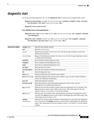 diagnostic start
CF-169
Cisco IOS Configuration Fundamentals Command Reference
April 2010
diagnostic start
To run the specified diagnostic test, use the diagnostic start command in privileged EXEC mode.
diagnostic start module num test {test-id | test-id-range | minimal | complete | basic | per-port |
non-disruptive | all} [port {num | port#-range | all}]
diagnostic start system test all
Cisco UBR10012 Universal Broadband Router
diagnostic start {bay slot/bay | slot slot-no} test {test-id | test-id-range | all | complete | minimal
| non-disruptive}
diagnostic start {subslot slot/sub-slot} test {test-id | test-id-range | all | complete | minimal |
non-disruptive | per-port [port {num | port#-range | all}]}
Syntax Description module num Specifies the module number.
test Specifies a test to run.
test-id Identification number for the test to run. See the Usage Guidelines section for
additional information.
test-id-range Range of identification numbers for tests to run. See the Usage Guidelines section
for additional information.
minimal Runs minimal bootup diagnostic tests.
complete Runs complete bootup diagnostic tests.
basic Runs basic on-demand diagnostic tests.
per-port Runs per-port level tests.
non-disruptive Runs the non disruptive health-monitoring tests.
all Runs all diagnostic tests.
port num (Optional) Specifies the interface port number.
port port#-range (Optional) Specifies the interface port number range. See the Usage Guidelines
section for additional information.
port all (Optional) Specifies all ports.
system test all Runs all disruptive and nondisruptive diagnostic tests at once. All test
dependencies are handled automatically.
bay slot/bay Indicates the card slot and bay number where the diagnostic test is executed. The
bay keyword is used to refer a SPA on the router. The valid range for the slot
number is from 1 to 8 and 0 to 3 for the bay number.
slot slot-no Indicates the slot number of the full-height line card where the diagnostic test is
executed. The slot keyword is used to refer a full-height line card on the router. The
valid range for slot is from 1 to 8.
subslot
slot/sub-slot
Indicates the slot and subslot number of half-height line card where the diagnostic
test is executed. The subslot keyword is used to refer a half-height line card on the
router. The valid range for the slot number is from 1 to 8 and 0 to 1 for the subslot
number.
 