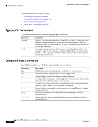 About Cisco IOS Software Documentation
Documentation Conventions
xxii
Cisco IOS Configuration Fundamentals Command Reference
April 2010
This section contains the following topics:
• Typographic Conventions, page xxii
• Command Syntax Conventions, page xxii
• Software Conventions, page xxiii
• Reader Alert Conventions, page xxiii
Typographic Conventions
Cisco IOS documentation uses the following typographic conventions:
Command Syntax Conventions
Cisco IOS documentation uses the following command syntax conventions:
Convention Description
^ or Ctrl Both the ^ symbol and Ctrl represent the Control (Ctrl) key on a keyboard. For
example, the key combination ^D or Ctrl-D means that you hold down the
Control key while you press the D key. (Keys are indicated in capital letters but
are not case sensitive.)
string A string is a nonquoted set of characters shown in italics. For example, when
setting a Simple Network Management Protocol (SNMP) community string to
public, do not use quotation marks around the string; otherwise, the string will
include the quotation marks.
Convention Description
bold Bold text indicates commands and keywords that you enter as shown.
italic Italic text indicates arguments for which you supply values.
[x] Square brackets enclose an optional keyword or argument.
... An ellipsis (three consecutive nonbolded periods without spaces) after a syntax
element indicates that the element can be repeated.
| A vertical line, called a pipe, that is enclosed within braces or square brackets
indicates a choice within a set of keywords or arguments.
[x | y] Square brackets enclosing keywords or arguments separated by a pipe indicate
an optional choice.
{x | y} Braces enclosing keywords or arguments separated by a pipe indicate a
required choice.
[x {y | z}] Braces and a pipe within square brackets indicate a required choice within an
optional element.
 