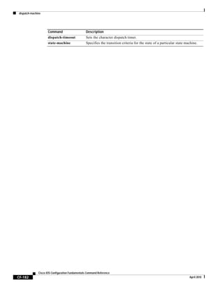dispatch-machine
CF-182
Cisco IOS Configuration Fundamentals Command Reference
April 2010
dispatch-timeout Sets the character dispatch timer.
state-machine Specifies the transition criteria for the state of a particular state machine.
Command Description
 