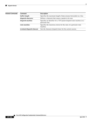 dispatch-timeout
CF-184
Cisco IOS Configuration Fundamentals Command Reference
April 2010
Related Commands Command Description
buffer-length Specifies the maximum length of data streams forwarded on a line.
dispatch-character Defines a character that causes a packet to be sent.
dispatch-machine Specifies an identifier for a TCP packet dispatch state machine on a
particular line.
state-machine Specifies the transition criteria for the state of a particular state
machine.
terminal dispatch-timeout Sets the character dispatch timer for the current session.
 