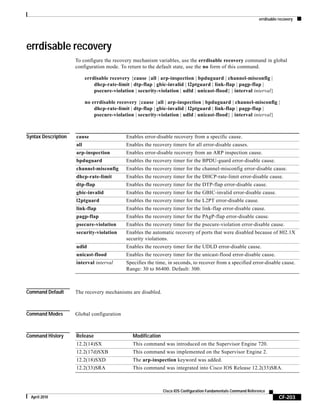 errdisable recovery
CF-203
Cisco IOS Configuration Fundamentals Command Reference
April 2010
errdisable recovery
To configure the recovery mechanism variables, use the errdisable recovery command in global
configuration mode. To return to the default state, use the no form of this command.
errdisable recovery {cause {all | arp-inspection | bpduguard | channel-misconfig |
dhcp-rate-limit | dtp-flap | gbic-invalid | l2ptguard | link-flap | pagp-flap |
psecure-violation | security-violation | udld | unicast-flood} | interval interval}
no errdisable recovery {cause {all | arp-inspection | bpduguard | channel-misconfig |
dhcp-rate-limit | dtp-flap | gbic-invalid | l2ptguard | link-flap | pagp-flap |
psecure-violation | security-violation | udld | unicast-flood} | interval interval}
Syntax Description
Command Default The recovery mechanisms are disabled.
Command Modes Global configuration
Command History
cause Enables error-disable recovery from a specific cause.
all Enables the recovery timers for all error-disable causes.
arp-inspection Enables error-disable recovery from an ARP inspection cause.
bpduguard Enables the recovery timer for the BPDU-guard error-disable cause.
channel-misconfig Enables the recovery timer for the channel-misconfig error-disable cause.
dhcp-rate-limit Enables the recovery timer for the DHCP-rate-limit error-disable cause.
dtp-flap Enables the recovery timer for the DTP-flap error-disable cause.
gbic-invalid Enables the recovery timer for the GBIC-invalid error-disable cause.
l2ptguard Enables the recovery timer for the L2PT error-disable cause.
link-flap Enables the recovery timer for the link-flap error-disable cause.
pagp-flap Enables the recovery timer for the PAgP-flap error-disable cause.
psecure-violation Enables the recovery timer for the psecure-violation error-disable cause.
security-violation Enables the automatic recovery of ports that were disabled because of 802.1X
security violations.
udld Enables the recovery timer for the UDLD error-disable cause.
unicast-flood Enables the recovery timer for the unicast-flood error-disable cause.
interval interval Specifies the time, in seconds, to recover from a specified error-disable cause.
Range: 30 to 86400. Default: 300.
Release Modification
12.2(14)SX This command was introduced on the Supervisor Engine 720.
12.2(17d)SXB This command was implemented on the Supervisor Engine 2.
12.2(18)SXD The arp-inspection keyword was added.
12.2(33)SRA This command was integrated into Cisco IOS Release 12.2(33)SRA.
 