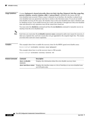 errdisable recovery
CF-204
Cisco IOS Configuration Fundamentals Command Reference
April 2010
Usage Guidelines A cause (bpduguard, channel-misconfig, dhcp-rate-limit, dtp-flap, l2ptguard, link-flap, pagp-flap,
psecure-violation, security-violation, udld, or unicast-flood) is defined as the reason why the
error-disabled state occurred. When a cause is detected on an interface, the interface is placed in an
error-disabled state (an operational state that is similar to the link-down state). If you do not enable
error-disable recovery for the cause, the interface stays in the error-disabled state until a shutdown and
no shutdown occurs. If you enable recovery for a cause, the interface is brought out of the error-disabled
state and allowed to retry operation once all the causes have timed out.
You must enter the shutdown command and then the no shutdown command to manually recover an
interface from the error-disabled state.
Note Each time you want enter the errdisable recovery cause command to add a new reason for recovery, it
takes up a separate line; each new reason does not get appended to the original single line. This means
you must enter each new reason separately.
Examples This example shows how to enable the recovery timer for the BPDU-guard error-disable cause:
Router(config)# errdisable recovery cause bpduguard
This example shows how to set the recovery timer to 300 seconds:
Router(config)# errdisable recovery interval 300
Related Commands Command Description
show errdisable
recovery
Displays the information about the error-disable recovery timer.
show interfaces status Displays the interface status or a list of interfaces in an error-disabled state
on LAN ports only.
 
