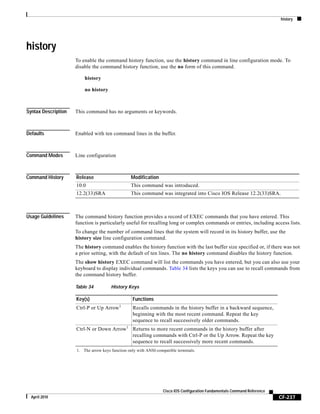 history
CF-237
Cisco IOS Configuration Fundamentals Command Reference
April 2010
history
To enable the command history function, use the history command in line configuration mode. To
disable the command history function, use the no form of this command.
history
no history
Syntax Description This command has no arguments or keywords.
Defaults Enabled with ten command lines in the buffer.
Command Modes Line configuration
Command History
Usage Guidelines The command history function provides a record of EXEC commands that you have entered. This
function is particularly useful for recalling long or complex commands or entries, including access lists.
To change the number of command lines that the system will record in its history buffer, use the
history size line configuration command.
The history command enables the history function with the last buffer size specified or, if there was not
a prior setting, with the default of ten lines. The no history command disables the history function.
The show history EXEC command will list the commands you have entered, but you can also use your
keyboard to display individual commands. Table 34 lists the keys you can use to recall commands from
the command history buffer.
Release Modification
10.0 This command was introduced.
12.2(33)SRA This command was integrated into Cisco IOS Release 12.2(33)SRA.
Table 34 History Keys
Key(s) Functions
Ctrl-P or Up Arrow1
1. The arrow keys function only with ANSI-compatible terminals.
Recalls commands in the history buffer in a backward sequence,
beginning with the most recent command. Repeat the key
sequence to recall successively older commands.
Ctrl-N or Down Arrow1
Returns to more recent commands in the history buffer after
recalling commands with Ctrl-P or the Up Arrow. Repeat the key
sequence to recall successively more recent commands.
 