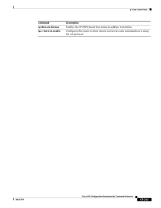 ip rcmd remote-host
CF-263
Cisco IOS Configuration Fundamentals Command Reference
April 2010
ip domain-lookup Enables the IP DNS-based host name-to-address translation.
ip rcmd rsh-enable Configures the router to allow remote users to execute commands on it using
the rsh protocol.
Command Description
 