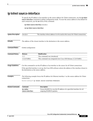 ip telnet source-interface
CF-269
Cisco IOS Configuration Fundamentals Command Reference
April 2010
ip telnet source-interface
To specify the IP address of an interface as the source address for Telnet connections, use the ip telnet
source-interface command in global configuration mode. To reset the source address to the default for
each connection, use the no form of this command.
ip telnet source-interface interface
no ip telnet source-interface
Syntax Description
Defaults The address of the closest interface to the destination is the source address.
Command Modes Global configuration
Command History
Usage Guidelines Use this command to set the IP address of an interface as the source for all Telnet connections.
If the specified interface is not up, the Cisco IOS software selects the address of the interface closest to
the destination as the source address.
Examples The following example forces the IP address for Ethernet interface 1 as the source address for Telnet
connections:
Router(config)# ip telnet source-interface Ethernet1
Related Commands
interface The interface whose address is to be used as the source for Telnet connections.
Release Modification
11.1 This command was introduced.
12.2(33)SRA This command was integrated into Cisco IOS Release 12.2(33)SRA.
Command Description
ip radius
source-interface
Forces RADIUS to use the IP address of a specified interface for all
outgoing RADIUS packets.
 