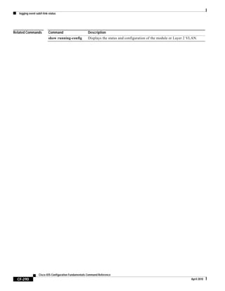 logging event subif-link-status
CF-290
Cisco IOS Configuration Fundamentals Command Reference
April 2010
Related Commands Command Description
show running-config Displays the status and configuration of the module or Layer 2 VLAN.
 
