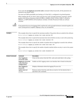 logging ip access-list cache (global configuration)
CF-293
Cisco IOS Configuration Fundamentals Command Reference
April 2010
If you enter the no logging ip access-list cache command without keywords, all the parameters are
returned to the default values.
You must set ICMP unreachable rate limiting to 0 if the OAL is configured to log denied packets.
When enabling the IP "too short" check using the mls verify ip length minimum command, valid IP
packets with with an IP protocol field of ICMP(1), IGMP(2), IP(4), TCP(6), UDP(17), IPv6(41),
GRE(47), or SIPP-ESP(50) will be hardware switched. All other IP protocol fields are software
switched.
Caution Using optimized access-list logging (OAL) and the mls verify ip length minimum command together can
cause routing protocol neighbor flapping as they are incompatible
Examples This example shows how to specify the maximum number of log entries that are cached in the software:
Router(config)# logging ip access-list cache entries 200
This example shows how to specify the maximum time interval before an entry is sent to the system log:
Router(config)# logging ip access-list cache interval 350
This example shows how to specify the number of packets that are logged per second in the software:
Router(config)# logging ip access-list cache rate-limit 100
This example shows how to specify the number of packet matches before an entry is sent to the system
log:
Router(config)# logging ip access-list cache threshold 125
Related Commands Command Description
clear logging ip
access-list cache
Clears all the entries from the OAL cache and sends them to the syslog.
logging ip access-list
cache (interface
configuration)
Enables an OAL-logging cache on an interface that is based on direction.
show logging ip
access-list
Displays information about the logging IP access list.
update-interval
seconds
Removes entries from the cache that are inactive for the duration that is
specified in the command.
 