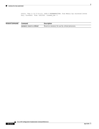 memory free low-watermark
CF-314
Cisco IOS Configuration Fundamentals Command Reference
April 2010
000032: *Aug 12 22:33:29.411: %SYS-5-FREEMEMRECOVER: Free Memory has recovered 20000k
Pool: Processor Free: 66813960 freemem_lwm: 0
Related Commands Command Description
memory reserve critical Reserves memory for use by critical processes.
 