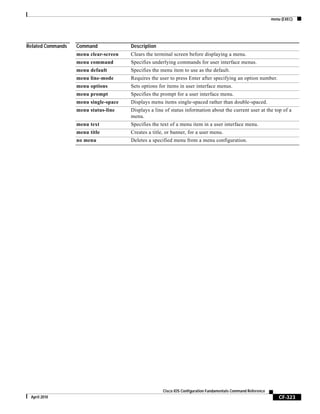 menu (EXEC)
CF-323
Cisco IOS Configuration Fundamentals Command Reference
April 2010
Related Commands Command Description
menu clear-screen Clears the terminal screen before displaying a menu.
menu command Specifies underlying commands for user interface menus.
menu default Specifies the menu item to use as the default.
menu line-mode Requires the user to press Enter after specifying an option number.
menu options Sets options for items in user interface menus.
menu prompt Specifies the prompt for a user interface menu.
menu single-space Displays menu items single-spaced rather than double-spaced.
menu status-line Displays a line of status information about the current user at the top of a
menu.
menu text Specifies the text of a menu item in a user interface menu.
menu title Creates a title, or banner, for a user menu.
no menu Deletes a specified menu from a menu configuration.
 