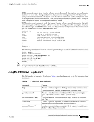 Using the Command-Line Interface in Cisco IOS Software
Using the CLI
xxxvii
Cisco IOS Configuration Fundamentals Command Reference
April 2010
EXEC commands are not saved when the software reboots. Commands that you issue in a configuration
mode can be saved to the startup configuration. If you save the running configuration to the startup
configuration, these commands will execute when the software is rebooted. Global configuration mode
is the highest level of configuration mode. From global configuration mode, you can enter a variety of
other configuration modes, including protocol-specific modes.
ROM monitor mode is a separate mode that is used when the software cannot load properly. If a valid
software image is not found when the software boots or if the configuration file is corrupted at startup,
the software might enter ROM monitor mode. Use the question symbol (?) to view the commands that
you can use while the device is in ROM monitor mode.
rommon 1 > ?
alias set and display aliases command
boot boot up an external process
confreg configuration register utility
cont continue executing a downloaded image
context display the context of a loaded image
cookie display contents of cookie PROM in hex
.
.
.
rommon 2 >
The following example shows how the command prompt changes to indicate a different command mode:
Router> enable
Router# configure terminal
Router(config)# interface ethernet 1/1
Router(config-if)# ethernet
Router(config-line)# exit
Router(config)# end
Router#
Note A keyboard alternative to the end command is Ctrl-Z.
Using the Interactive Help Feature
The CLI includes an interactive Help feature. Table 4 describes the purpose of the CLI interactive Help
commands.
Table 4 CLI Interactive Help Commands
Command Purpose
help Provides a brief description of the Help feature in any command mode.
? Lists all commands available for a particular command mode.
partial command? Provides a list of commands that begin with the character string (no
space between the command and the question mark).
partial command<Tab> Completes a partial command name (no space between the command
and <Tab>).
command ? Lists the keywords, arguments, or both associated with the command
(space between the command and the question mark).
command keyword ? Lists the arguments that are associated with the keyword (space between
the keyword and the question mark).
 