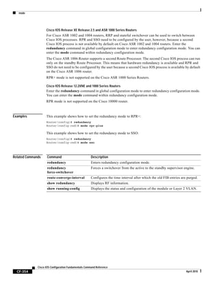 mode
CF-354
Cisco IOS Configuration Fundamentals Command Reference
April 2010
Cisco IOS Release XE Release 2.5 and ASR 1000 Series Routers
For Cisco ASR 1002 and 1004 routers, RRP and stateful switchover can be used to switch between
Cisco IOS processes. RPR and SSO need to be configured by the user, however, because a second
Cisco IOS process is not available by default on Cisco ASR 1002 and 1004 routers. Enter the
redundancy command in global configuration mode to enter redundancy configuration mode. You can
enter the mode command within redundancy configuration mode.
The Cisco ASR 1006 Router supports a second Route Processor. The second Cisco IOS process can run
only on the standby Route Processor. This means that hardware redundancy is available and RPR and
SSO do not need to be configured by the user because a second Cisco IOS process is available by default
on the Cisco ASR 1006 router.
RPR+ mode is not supported on the Cisco ASR 1000 Series Routers.
Cisco IOS Release 12.2XNE and 1000 Series Routers
Enter the redundancy command in global configuration mode to enter redundancy configuration mode.
You can enter the mode command within redundancy configuration mode.
RPR mode is not supported on the Cisco 10000 router.
Examples This example shows how to set the redundancy mode to RPR+:
Router(config)# redundancy
Router(config-red)# mode rpr-plus
This example shows how to set the redundancy mode to SSO:
Router(config)# redundancy
Router(config-red)# mode sso
Related Commands Command Description
redundancy Enters redundancy configuration mode.
redundancy
force-switchover
Forces a switchover from the active to the standby supervisor engine.
route-converge-interval Configures the time interval after which the old FIB entries are purged.
show redundancy Displays RF information.
show running-config Displays the status and configuration of the module or Layer 2 VLAN.
 