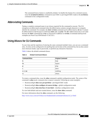 Using the Command-Line Interface in Cisco IOS Software
Using the CLI
xli
Cisco IOS Configuration Fundamentals Command Reference
April 2010
The command history feature is enabled by default. To disable this feature for a terminal session,
issue the terminal no history command in user EXEC or privileged EXEC mode or the no history
command in line configuration mode.
Abbreviating Commands
Typing a complete command name is not always required for the command to execute. The CLI
recognizes an abbreviated command when the abbreviation contains enough characters to uniquely
identify the command. For example, the show version command can be abbreviated as sh ver. It cannot
be abbreviated as s ver because s could mean show, set, or systat. The sh v abbreviation also is not valid
because the show command has vrrp as a keyword in addition to version. (Command and keyword
examples are from Cisco IOS Release 12.4(13)T.)
Using Aliases for CLI Commands
To save time and the repetition of entering the same command multiple times, you can use a command
alias. An alias can be configured to do anything that can be done at the command line, but an alias cannot
move between modes, type in passwords, or perform any interactive functions.
Table 6 shows the default command aliases.
To create a command alias, issue the alias command in global configuration mode. The syntax of the
command is alias mode command-alias original-command. Following are some examples:
• Router(config)# alias exec prt partition—privileged EXEC mode
• Router(config)# alias configure sb source-bridge—global configuration mode
• Router(config)# alias interface rl rate-limit—interface configuration mode
To view both default and user-created aliases, issue the show alias command.
For more information about the alias command, see the following:
http://www.cisco.com/en/US/docs/ios/fundamentals/command/reference/cf_a1.html
Table 6 Default Command Aliases
Command Alias Original Command
h help
lo logout
p ping
s show
u or un undebug
w where
 