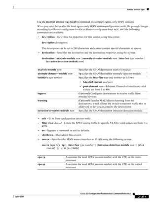 monitor session type
CF-371
Cisco IOS Configuration Fundamentals Command Reference
April 2010
Use the monitor session type local-tx command to configure egress-only SPAN sessions.
When you enter the local or the local egress-only SPAN session configuration mode, the prompt changes
accordingly to Router(config-mon-local)# or Router(config-mon-local-tx)#, and the following
commands are available:
• description—Describes the properties for this session using this syntax:
description description
The description can be up to 240 characters and cannot contain special characters or spaces.
• destination—Specifies the destination and the destination properties using this syntax:
destination {analysis-module num | anomaly-detector-module num | interface type number |
intrusion-detection-module num}
• exit—Exits from configuration session mode.
• filter vlan vlan-id—Limits the SPAN source traffic to specific VLANs; valid values are from 1 to
4096.
• no—Negates a command or sets its defaults.
• shutdown—Shuts down this session
• source—Specifies the SPAN source interface or VLAN using the following syntax:
source {cpu {rp | sp} | {interface type number} | {intrusion-detection-module num} | {vlan
vlan-id}} [, | - | rx | tx | both]
analysis-module num Specifies the SPAN destination analysis-module.
anomaly-detector-module num Specifies the SPAN destination anomaly-detector-module.
interface type number Specifies the interface type and number as follows:
• GigabitEthernet mod/port
• port-channel num—Ethernet Channel of interfaces; valid
values are from 1 to 496.
ingress (Optional) Configures destinations to receive traffic from
attached devices.
learning (Optional) Enables MAC address learning from the
destinations, which allows the switch to transmit traffic that is
addressed to devices attached to the destinations.
intrusion-detection-module num Specifies the SPAN destination intrusion-detection-module.
cpu rp Associates the local SPAN session number with the CPU on the route
processor.
cpu sp Associates the local SPAN session number with the CPU on the switch
processor.
 