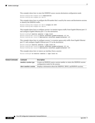 monitor session type
CF-374
Cisco IOS Configuration Fundamentals Command Reference
April 2010
This example shows how to enter the ERSPAN source session destination configuration mode:
Router(config-mon-erspan-src)# destination
Router(config-mon-erspan-src-dst)#
This example shows how to configure the ID number that is used by the source and destination sessions
to identify the ERSPAN traffic:
Router(config-mon-erspan-src-dst)# erspan-id 1005
Router(config-mon-erspan-src-dst)#
This example shows how to configure session 1 to monitor ingress traffic from Gigabit Ethernet port 1/1
and configure Gigabit Ethernet port 1/2 as the destination:
Router(config)# monitor session 1 type local
Router(config-mon-local)# source interface gigabitethernet 1/1 rx
Router(config-mon-local)# destination interface gigabitethernet 1/2
This example shows how to configure session 1 to monitor egress-only traffic from Gigabit Ethernet
port 5/1 and configure Gigabit Ethernet port 5/2 as the destination:
Router(config)# monitor session 1 type local-tx
Router(config-mon-local)# source interface gigabitethernet 5/1 rx
Router(config-mon-local)# destination interface gigabitethernet 5/2
This example shows how to remove an interface from a session:
Router(config)# no monitor session 1 type local-tx
Related Commands Command Description
monitor session type Creates an ERSPAN source session number or enters the ERSPAN session
configuration mode for the session.
show monitor session Displays information about the ERSPAN, SPAN, and RSPAN sessions.
 