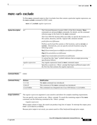 more <url> exclude
CF-383
Cisco IOS Configuration Fundamentals Command Reference
April 2010
more <url> exclude
To filter more command output so that it excludes lines that contain a particular regular expression, use
the more exclude command in EXEC mode.
more url | exclude regular-expression
Syntax Description
Command Modes EXEC
Command History
Usage Guidelines The regular-expression argument is case sensitive and allows for complex matching requirements.
You can specify a new search at any --More-- prompt. To search the remaining output of the more
command, use the following command at the --More-- prompt:
/regular-expression
When output volume is large, the search can produce long lists of output. To interrupt the output, press
Ctrl-^ (Ctrl-Shift-6) or Ctrl-Z.
Because prior output is not saved, you cannot search or filter backward through prior output.
url The Universal Resource Locator (URL) of the file to display. More
commands are advanced show commands; for details, see the command
reference page in this book for the more command.
The Cisco IOS File System (IFS) uses URLs to specify the location of a
file system, directory, and file. Typical URL elements include:
prefix:[directory/]filename
Prefixes can be local file systems or file locations, such as nvram: or
system:. Alternatively, you can specify network locations using the
following syntax:
ftp:[[//[username[:password]@]location]/directory]/filename
tftp:[[//location]/directory]/filename
rcp:[[//[username@]location]/directory]/filename
| A vertical bar (the “pipe” symbol) indicates that an output processing
specification follows.
regular-expression Any regular expression found in more command output.
/ Specifies a search at a --More-- prompt that begins unfiltered output with
the first line that contains the regular expression.
Release Modification
11.3 AA The more command was introduced.
12.0(1)T This extension of the more command was introduced.
12.2(33)SRA This command was integrated into Cisco IOS Release 12.2(33)SRA.
 