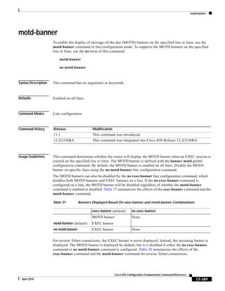 motd-banner
CF-389
Cisco IOS Configuration Fundamentals Command Reference
April 2010
motd-banner
To enable the display of message-of-the-day (MOTD) banners on the specified line or lines, use the
motd-banner command in line configuration mode. To suppress the MOTD banners on the specified
line or lines, use the no form of this command.
motd-banner
no motd-banner
Syntax Description This command has no arguments or keywords.
Defaults Enabled on all lines.
Command Modes Line configuration
Command History
Usage Guidelines This command determines whether the router will display the MOTD banner when an EXEC session is
created on the specified line or lines. The MOTD banner is defined with the banner motd global
configuration command. By default, the MOTD banner is enabled on all lines. Disable the MOTD
banner on specific lines using the no motd-banner line configuration command.
The MOTD banners can also be disabled by the no exec-banner line configuration command, which
disables both MOTD banners and EXEC banners on a line. If the no exec-banner command is
configured on a line, the MOTD banner will be disabled regardless of whether the motd-banner
command is enabled or disabled. Table 37 summarizes the effects of the exec-banner command and the
motd-banner command.
For reverse Telnet connections, the EXEC banner is never displayed. Instead, the incoming banner is
displayed. The MOTD banner is displayed by default, but it is disabled if either the no exec-banner
command or no motd-banner command is configured. Table 38 summarizes the effects of the
exec-banner command and the motd-banner command for reverse Telnet connections.
Release Modification
11.1 This command was introduced.
12.2(33)SRA This command was integrated into Cisco IOS Release 12.2(33)SRA.
Table 37 Banners Displayed Based On exec-banner and motd-banner Combinations
exec-banner (default) no exec-banner
motd-banner (default)
MOTD banner
EXEC banner
None
no motd-banner EXEC banner None
 