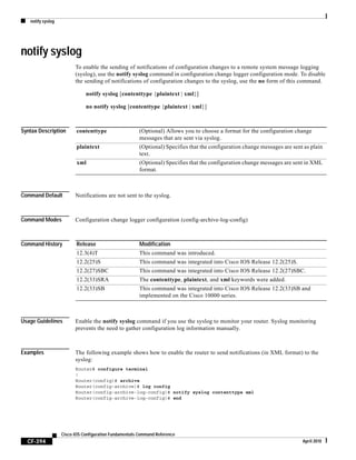 notify syslog
CF-394
Cisco IOS Configuration Fundamentals Command Reference
April 2010
notify syslog
To enable the sending of notifications of configuration changes to a remote system message logging
(syslog), use the notify syslog command in configuration change logger configuration mode. To disable
the sending of notifications of configuration changes to the syslog, use the no form of this command.
notify syslog [contenttype {plaintext | xml}]
no notify syslog [contenttype {plaintext | xml}]
Syntax Description
Command Default Notifications are not sent to the syslog.
Command Modes Configuration change logger configuration (config-archive-log-config)
Command History
Usage Guidelines Enable the notify syslog command if you use the syslog to monitor your router. Syslog monitoring
prevents the need to gather configuration log information manually.
Examples The following example shows how to enable the router to send notifications (in XML format) to the
syslog:
Router# configure terminal
!
Router(config)# archive
Router(config-archive)# log config
Router(config-archive-log-config)# notify syslog contenttype xml
Router(config-archive-log-config)# end
contenttype (Optional) Allows you to choose a format for the configuration change
messages that are sent via syslog.
plaintext (Optional) Specifies that the configuration change messages are sent as plain
text.
xml (Optional) Specifies that the configuration change messages are sent in XML
format.
Release Modification
12.3(4)T This command was introduced.
12.2(25)S This command was integrated into Cisco IOS Release 12.2(25)S.
12.2(27)SBC This command was integrated into Cisco IOS Release 12.2(27)SBC.
12.2(33)SRA The contenttype, plaintext, and xml keywords were added.
12.2(33)SB This command was integrated into Cisco IOS Release 12.2(33)SB and
implemented on the Cisco 10000 series.
 