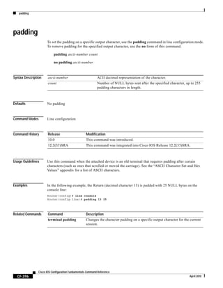 padding
CF-396
Cisco IOS Configuration Fundamentals Command Reference
April 2010
padding
To set the padding on a specific output character, use the padding command in line configuration mode.
To remove padding for the specified output character, use the no form of this command.
padding ascii-number count
no padding ascii-number
Syntax Description
Defaults No padding
Command Modes Line configuration
Command History
Usage Guidelines Use this command when the attached device is an old terminal that requires padding after certain
characters (such as ones that scrolled or moved the carriage). See the “ASCII Character Set and Hex
Values” appendix for a list of ASCII characters.
Examples In the following example, the Return (decimal character 13) is padded with 25 NULL bytes on the
console line:
Router(config)# line console
Router(config-line)# padding 13 25
Related Commands
ascii-number ACII decimal representation of the character.
count Number of NULL bytes sent after the specified character, up to 255
padding characters in length.
Release Modification
10.0 This command was introduced.
12.2(33)SRA This command was integrated into Cisco IOS Release 12.2(33)SRA.
Command Description
terminal padding Changes the character padding on a specific output character for the current
session.
 