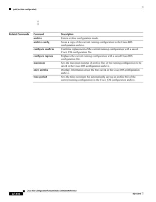 path (archive configuration)
CF-410
Cisco IOS Configuration Fundamentals Command Reference
April 2010
13
14
Related Commands Command Description
archive Enters archive configuration mode.
archive config Saves a copy of the current running configuration to the Cisco IOS
configuration archive.
configure confirm Confirms replacement of the current running configuration with a saved
Cisco IOS configuration file.
configure replace Replaces the current running configuration with a saved Cisco IOS
configuration file.
maximum Sets the maximum number of archive files of the running configuration to be
saved in the Cisco IOS configuration archive.
show archive Displays information about the files saved in the Cisco IOS configuration
archive.
time-period Sets the time increment for automatically saving an archive file of the
current running configuration in the Cisco IOS configuration archive.
 