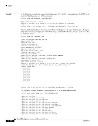 ping vrf
CF-426
Cisco IOS Configuration Fundamentals Command Reference
April 2010
Examples In the following example, the target host in the domain 209.165.201.1 is pinged (using IP/ICMP) in the
context of the “Customer_A” VPN connection.
Router# ping vrf Customer_A 209.165.201.1
Type escape sequence to abort.
Sending 5, 100-byte ICMP Echos to 209.165.201.1, timeout is 2 seconds:
!!!!!
Success rate is 100 percent (5/5), round-trip min/avg/max = 176/264/576 ms
Pressing the Enter key before providing all of the required options will begin the interactive dialog for
ping. In the following example, the interactive dialog is started after the “ip” protocol is specified, but
no address is given:
Router# ping vrf Customer_B ip
Target IP address: 209.165.200.225
Repeat count [5]:
Datagram size [100]:
Timeout in seconds [2]:
Extended commands [n]: y
Source address or interface:
Type of service [0]:
Set DF bit in IP header? [no]:
Validate reply data? [no]:
Data pattern [0xABCD]:
Loose, Strict, Record, Timestamp, Verbose[none]: Record
Number of hops [ 9 ]:
Loose, Strict, Record, Timestamp, Verbose[RV]:
Sweep range of sizes [n]:
Type escape sequence to abort.
Sending 5, 100-byte ICMP Echos to 209.165.200.225, timeout is 2 seconds:
Packet has IP options: Total option bytes= 39, padded length=40
Record route: <*>
(0.0.0.0)
(0.0.0.0)
(0.0.0.0)
(0.0.0.0)
(0.0.0.0)
(0.0.0.0)
(0.0.0.0)
(0.0.0.0)
(0.0.0.0)
.
.
.
Success rate is 100 percent (5/5), round-trip min/avg/max = 4/4/4 ms
The following example shows the various options for IP in the ping vrf command:
Router# show parser dump exec | include ping vrf
1 ping vrf <string>
1 ping vrf <string> ip <string>
1 ping vrf <string> ip (interactive)
1 ping vrf <string> ip <string>
1 ping vrf <string> ip <string> source <address>
1 ping vrf <string> ip <string> source <interface>
1 ping vrf <string> ip <string> repeat <1-2147483647>
1 ping vrf <string> ip <string> size Number
1 ping vrf <string> ip <string> df-bit
1 ping vrf <string> ip <string> validate
1 ping vrf <string> ip <string> data <0-65535>
1 ping vrf <string> ip <string> timeout <0-3600>
 