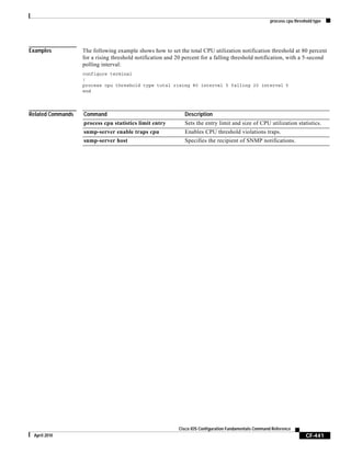 process cpu threshold type
CF-441
Cisco IOS Configuration Fundamentals Command Reference
April 2010
Examples The following example shows how to set the total CPU utilization notification threshold at 80 percent
for a rising threshold notification and 20 percent for a falling threshold notification, with a 5-second
polling interval:
configure terminal
!
process cpu threshold type total rising 80 interval 5 falling 20 interval 5
end
Related Commands Command Description
process cpu statistics limit entry Sets the entry limit and size of CPU utilization statistics.
snmp-server enable traps cpu Enables CPU threshold violations traps.
snmp-server host Specifies the recipient of SNMP notifications.
 