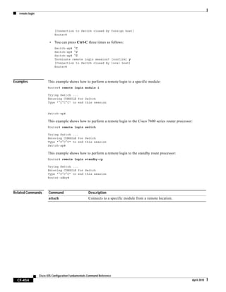 remote login
CF-454
Cisco IOS Configuration Fundamentals Command Reference
April 2010
[Connection to Switch closed by foreign host]
Router#
• You can press Ctrl-C three times as follows:
Switch-sp# ^C
Switch-sp# ^C
Switch-sp# ^C
Terminate remote login session? [confirm] y
[Connection to Switch closed by local host]
Router#
Examples This example shows how to perform a remote login to a specific module:
Router# remote login module 1
Trying Switch ...
Entering CONSOLE for Switch
Type "^C^C^C" to end this session
Switch-sp#
This example shows how to perform a remote login to the Cisco 7600 series router processor:
Router# remote login switch
Trying Switch ...
Entering CONSOLE for Switch
Type "^C^C^C" to end this session
Switch-sp#
This example shows how to perform a remote login to the standby route processor:
Router# remote login standby-rp
Trying Switch ...
Entering CONSOLE for Switch
Type "^C^C^C" to end this session
Router-sdby#
Related Commands Command Description
attach Connects to a specific module from a remote location.
 