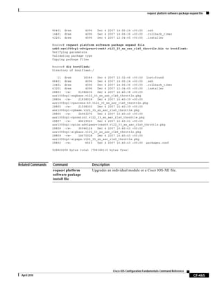 request platform software package expand file
CF-465
Cisco IOS Configuration Fundamentals Command Reference
April 2010
86401 drwx 4096 Dec 4 2007 14:06:24 +00:00 .ssh
14401 drwx 4096 Dec 4 2007 14:06:36 +00:00 .rollback_timer
43201 drwx 4096 Dec 4 2007 12:34:45 +00:00 .installer
Router# request platform software package expand file
usb0:asr1000rp1-advipservicesk9.v122_33_xn_asr_rls0_throttle.bin to bootflash:
Verifying parameters
Validating package type
Copying package files
Router# dir bootflash:
Directory of bootflash:/
11 drwx 16384 Dec 4 2007 12:32:46 +00:00 lost+found
86401 drwx 4096 Dec 4 2007 14:06:24 +00:00 .ssh
14401 drwx 4096 Dec 4 2007 14:06:36 +00:00 .rollback_timer
43201 drwx 4096 Dec 4 2007 12:34:45 +00:00 .installer
28803 -rw- 51986636 Dec 4 2007 16:40:38 +00:00
asr1000rp1-espbase.v122_33_xn_asr_rls0_throttle.pkg
28804 -rw- 21838028 Dec 4 2007 16:40:39 +00:00
asr1000rp1-rpaccess-k9.v122_33_xn_asr_rls0_throttle.pkg
28805 -rw- 21508300 Dec 4 2007 16:40:39 +00:00
asr1000rp1-rpbase.v122_33_xn_asr_rls0_throttle.pkg
28806 -rw- 24963276 Dec 4 2007 16:40:40 +00:00
asr1000rp1-rpcontrol.v122_33_xn_asr_rls0_throttle.pkg
28807 -rw- 48419020 Dec 4 2007 16:40:41 +00:00
asr1000rp1-rpios-advipservicesk9.v122_33_xn_asr_rls0_throttle.pkg
28808 -rw- 36946124 Dec 4 2007 16:40:43 +00:00
asr1000rp1-sipbase.v122_33_xn_asr_rls0_throttle.pkg
28809 -rw- 14670028 Dec 4 2007 16:40:43 +00:00
asr1000rp1-sipspa.v122_33_xn_asr_rls0_throttle.pkg
28802 -rw- 6563 Dec 4 2007 16:40:43 +00:00 packages.conf
928862208 bytes total (708186112 bytes free)
Related Commands Command Description
request platform
software package
install file
Upgrades an individual module or a Cisco IOS-XE file.
 