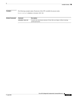 scheduler allocate
CF-499
Cisco IOS Configuration Fundamentals Command Reference
April 2010
Examples The following example makes 20 percent of the CPU available for process tasks:
Router(config)# scheduler allocate 2000 500
Related Commands Command Description
scheduler interval Controls the maximum amount of time that can elapse without running
system processes.
 
