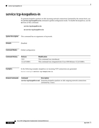 service tcp-keepalives-in
CF-524
Cisco IOS Configuration Fundamentals Command Reference
April 2010
service tcp-keepalives-in
To generate keepalive packets on idle incoming network connections (initiated by the remote host), use
the service tcp-keepalives-in command in global configuration mode. To disable the keepalives, use the
no form of this command.
service tcp-keepalives-in
no service tcp-keepalives-in
Syntax Description This command has no arguments or keywords.
Defaults Disabled
Command Modes Global configuration
Command History
Examples In the following example, keepalives on incoming TCP connections are generated:
Router(config)# service tcp-keepalives-in
Related Commands
Release Modification
10.0 This command was introduced.
12.2(33)SRA This command was integrated into Cisco IOS Release 12.2(33)SRA.
Command Description
service tcp-keepalives-out Generates keepalive packets on idle outgoing network connections
(initiated by a user).
 