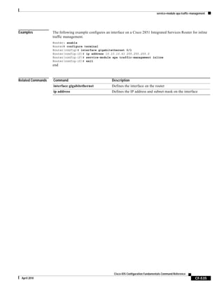 service-module apa traffic-management
CF-535
Cisco IOS Configuration Fundamentals Command Reference
April 2010
Examples The following example configures an interface on a Cisco 2851 Integrated Services Router for inline
traffic management.
Router> enable
Router# configure terminal
Router(config)# interface gigabitethernet 0/1
Router(config-if)# ip address 10.10.10.43 255.255.255.0
Router(config-if)# service-module apa traffic-management inline
Router(config-if)# exit
end
Related Commands Command Description
interface gigabitethernet Defines the interface on the router
ip address Defines the IP address and subnet mask on the interface
 
