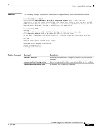 service-module wlan-ap bootimage
CF-537
Cisco IOS Configuration Fundamentals Command Reference
April 2010
Examples The following example upgrades the embedded access point image from autonomous to unified.
Router#configure terminal
Router(config)#service-module wlan-ap 0 bootimage unified *Jan 18 05:31:58.172:
%WLAN_AP_SM-6-UNIFIED_IMAGE: Embedded AP will change boot image to mini-IOS also called
LWAPP recovery Please check router config to ensure connectivity between WLC and AP. Use
service-module wlan-ap 0 reload to bootup mini-IOS image on AP
Router(config)#end
Router#
*Jan 18 05:32:04.136: %SYS-5-CONFIG_I: Configured from console by console
Router#service-module wlan-ap 0 reload Reload will save AP config....
Do you want to proceed with reload?[confirm] Trying to reload Service Module wlan-ap0.
Router#
Service Module saved config, start reset.
Received reload request from router
Saving configuration...
Building configuration...
Related Commands Command Description
interface wlan-ap Enters wireless interface configuration mode to configure an
interface.
service-module wlan-ap reload Performs a graceful shutdown and reboot of the service module.
service-module wlan-ap reset Resets the service module hardware.
 